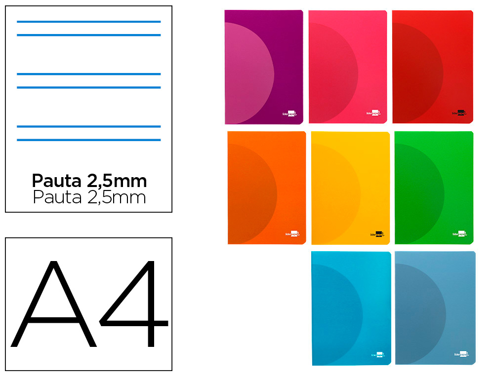 LIBRETA LIDERPAPEL 360 TAPA DE PLASTICO A4 48 HOJAS 90GR PAUTA 5 2,5MM CON MARGEN COLORES SURTIDOS