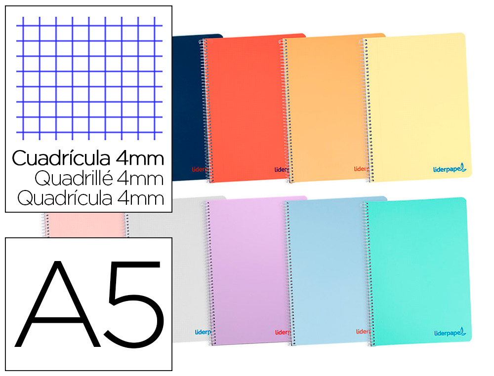 CUADERNO ESPIRAL LIDERPAPEL A5 WONDER TAPA PLASTICO 80H 90GR CUADRO 4MM CON MARGEN COLORES SURTIDOS