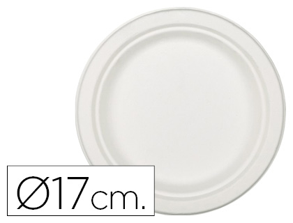 PLATO DE FIBRA NATURAL BIODEGRADABLE BLANCO 17 CM DE DIAMETRO APTO MICROONDAS PAQUETE DE 50 UNIDADES