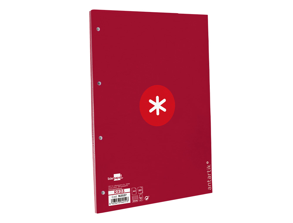 RECAMBIO ANTARTIK A4 80 HOJAS 90GR CUADRO 5 MM 4 TALADROS 1 BANDA MARCO COLOR FRAMBUESA