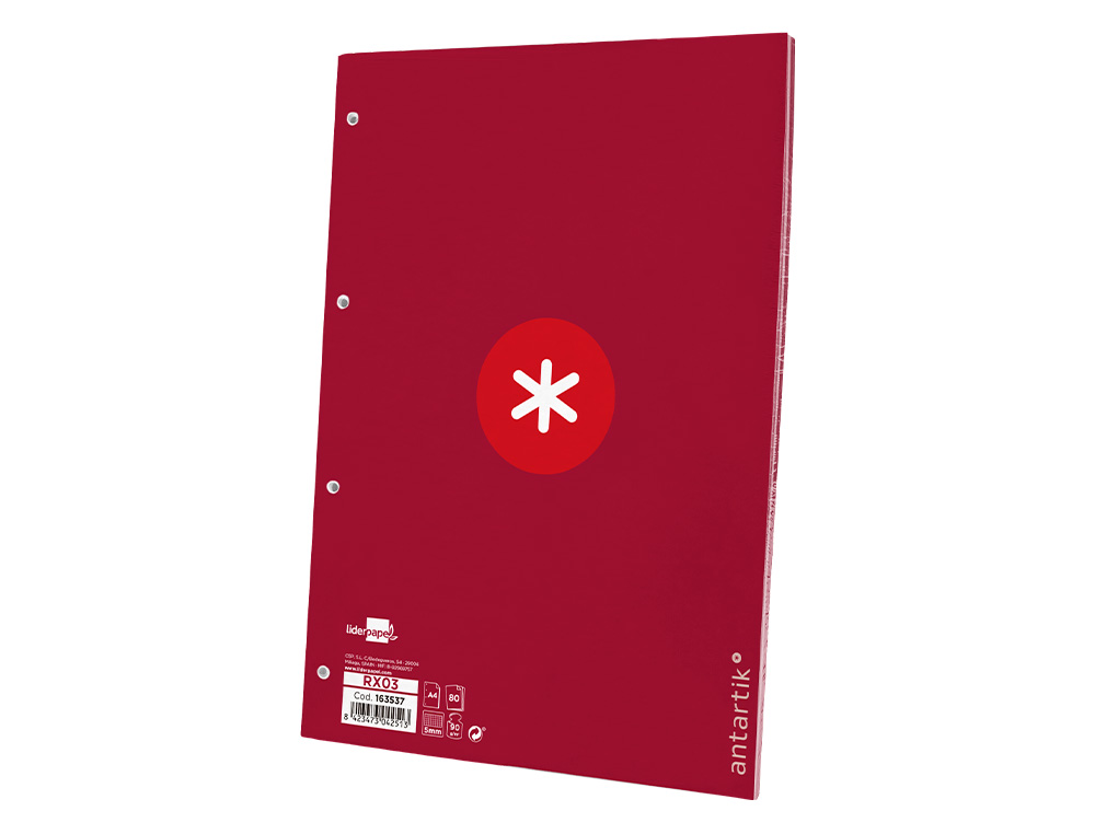 RECAMBIO ANTARTIK A4 80 HOJAS 90GR CUADRO 5 MM 4 TALADROS 1 BANDA MARCO COLOR FRAMBUESA