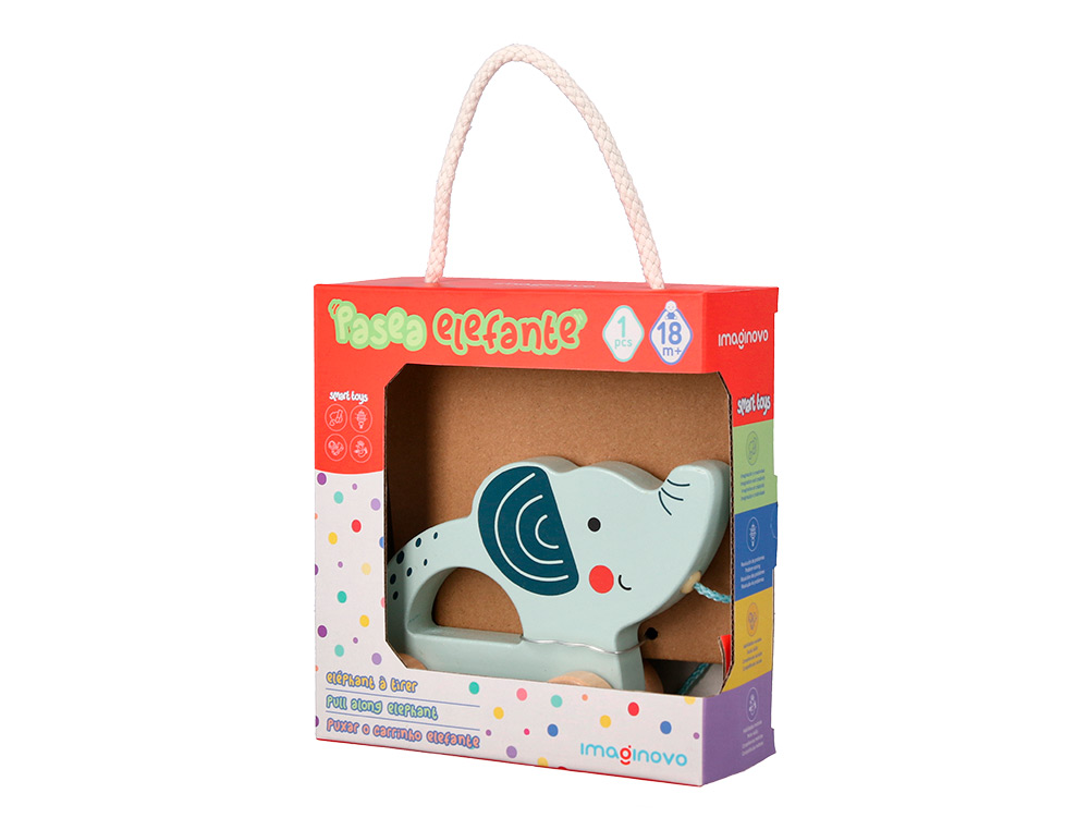 JUEGO INFANTIL IMAGINOVO MADERA ELEFANTE PARA ARRASTRAR CON RUEDAS +12 MESES 13,4X10X5,4CM