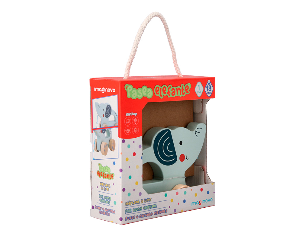 JUEGO INFANTIL IMAGINOVO MADERA ELEFANTE PARA ARRASTRAR CON RUEDAS +12 MESES 13,4X10X5,4CM