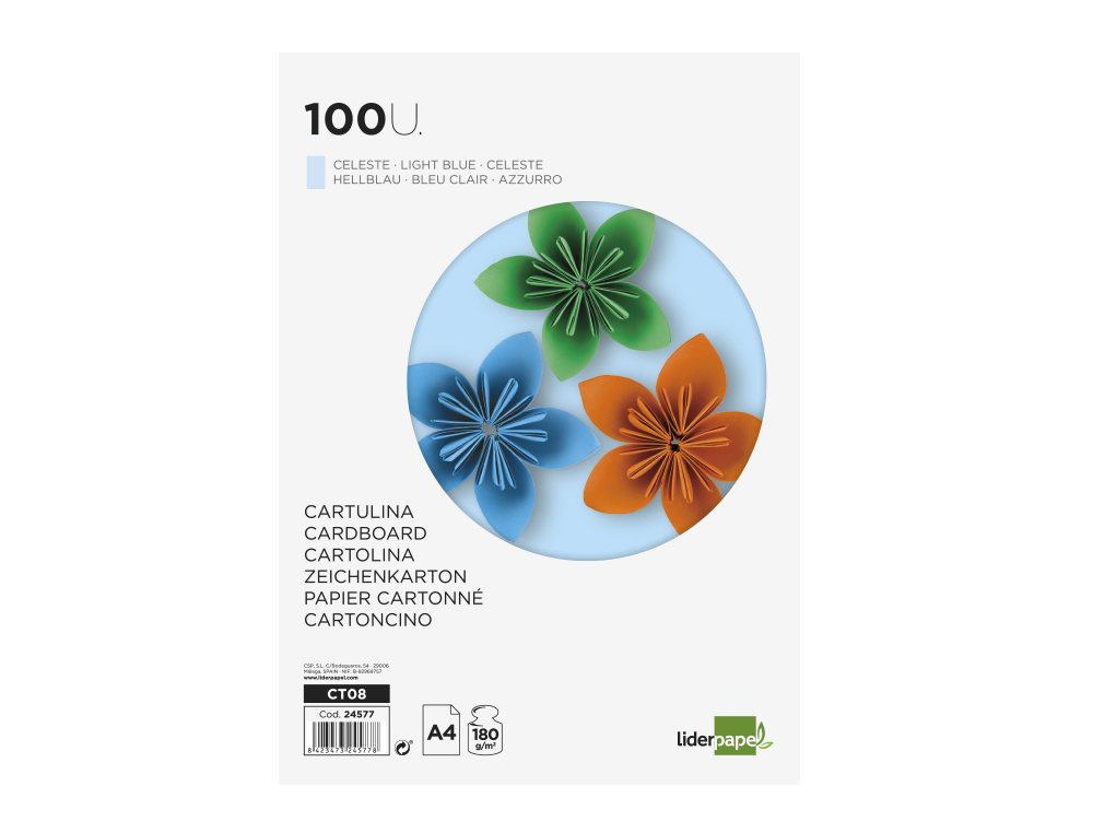 CARTULINA LIDERPAPEL A4 180G/M2 CELESTE PAQUETE DE 100 HOJAS