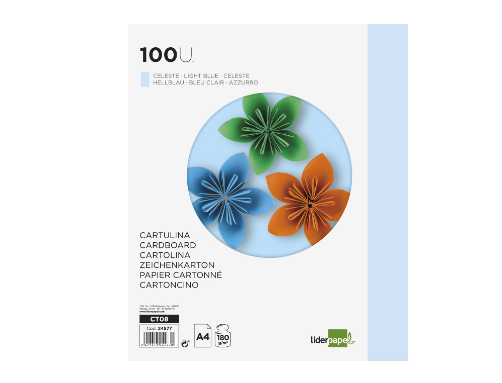 CARTULINA LIDERPAPEL A4 180G/M2 CELESTE PAQUETE DE 100 HOJAS