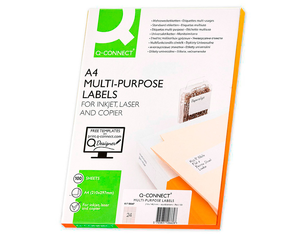 ETIQUETA ADHESIVA Q-CONNECT KF10647 TAMAO 70X37 MM FOTOCOPIADORA LASER INK-JET CAJA CON 100 HOJAS DIN A4