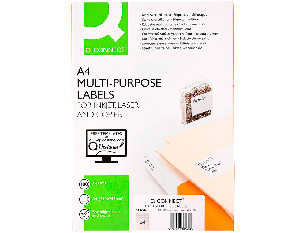 ETIQUETA ADHESIVA Q-CONNECT KF10647 TAMAO 70X37 MM FOTOCOPIADORA LASER INK-JET CAJA CON 100 HOJAS DIN A4