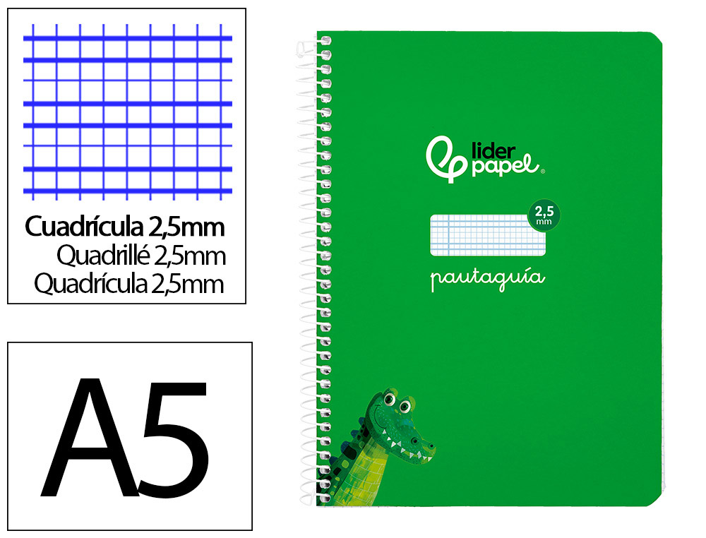 CUADERNO ESPIRAL LIDERPAPEL A5 PAUTAGUIA TAPA BLANDA 40H 75 GR CUADRO PAUTADO 2,5MM COLOR VERDE