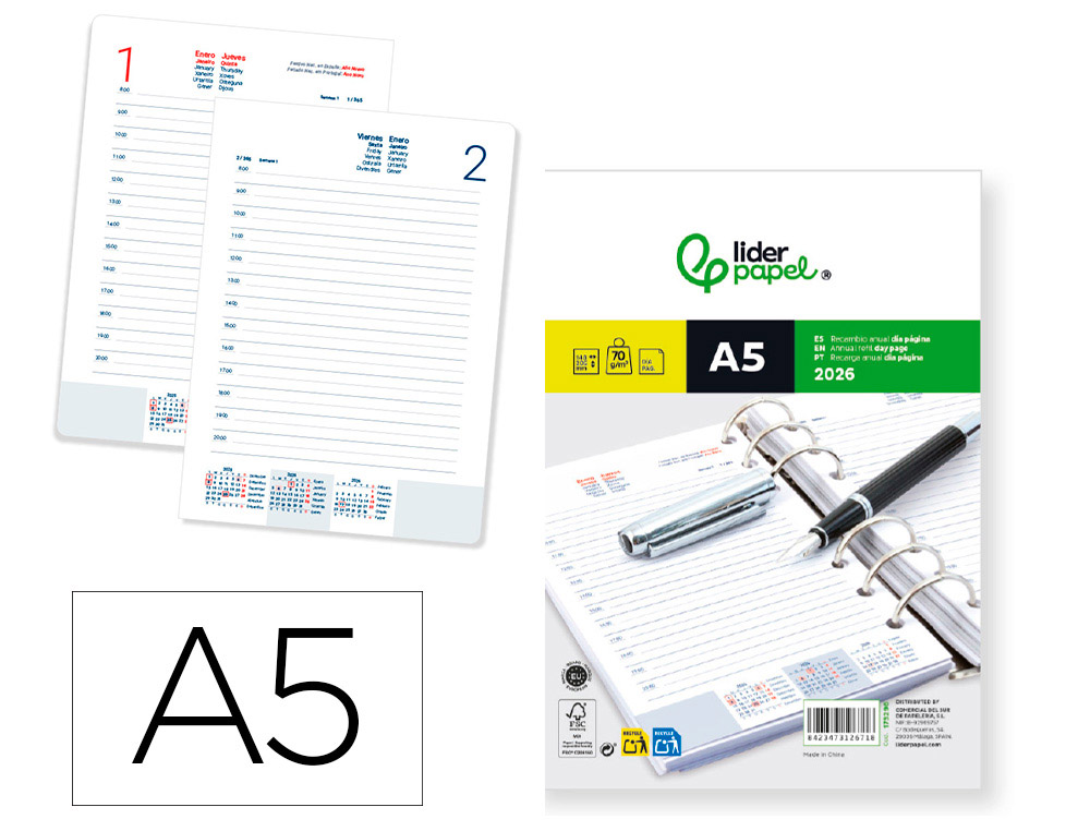 RECAMBIO AGENDA ANILLAS LIDERPAPEL 148X205 MM DIN A5 2026 DIA PAGINA PAPEL 70 GR FSC